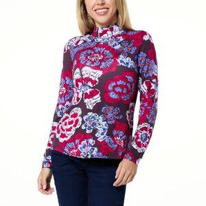 IMAN Global Chic Printed Mock Neck Top Size 2X Floral Cranberry Multi Bohemian